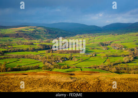 The Lune valley from Holme Knott on Middleton Fell Cumbria. The River Rawthey joins in from the right. Stock Photo