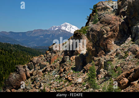 CALIFORNIA - Mount Shasta from the Pacific Crest Trail in the Trinity Alps Wilderness near the East Boulder Trail intersection. Stock Photo