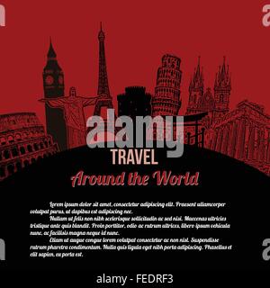 Travel around the World, vintage touristic poster on red background with space for your text, vector illustration Stock Vector