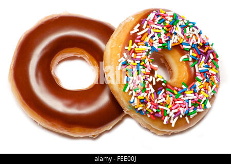 Two isolated chocolate and glazed doughnuts over white Stock Photo