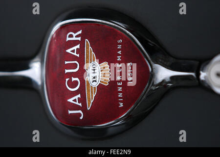 The grill and badge from a classic Jaguar XK140 sports car built between 1954 and 1957 Stock Photo
