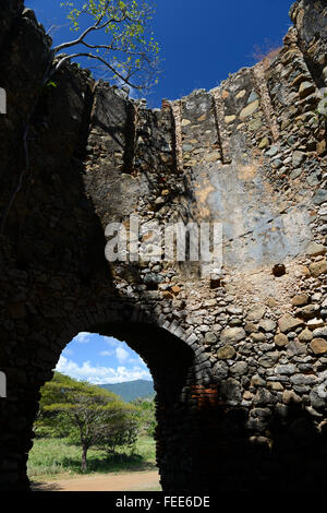 View from inside the ruins of a sugarmill chimney. Arroyo, Puerto Rico. Caribbean Island. US territory. Stock Photo