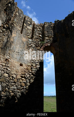 View from inside the ruins of a sugarmill chimney. Arroyo, Puerto Rico. Caribbean Island. US territory. Stock Photo