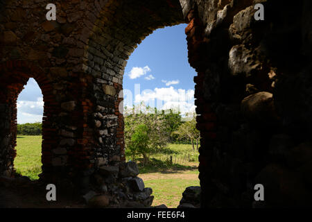 View from inside the ruins of a sugarmill chimney. Arroyo, Puerto Rico. Caribbean Island. US territory. Stock Photo