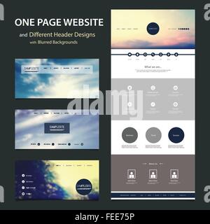 One Page Website Template and Different Header Designs with Blurred Backgrounds Stock Vector