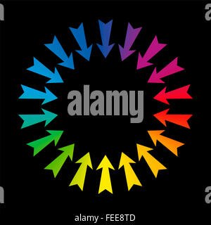 Arrows showing to center - rainbow colored on black background. Stock Photo
