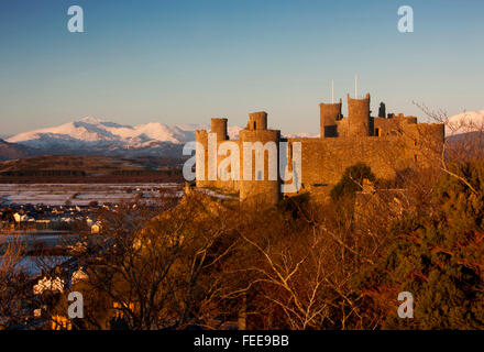 Harlech Castle in snow Gwynedd North Wales UK Stock Photo