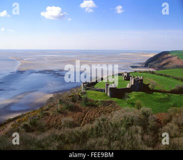 Llansteffan Castle aerial view Tywi Towy estuary sands low tide Carmarthen Bay Carmarthenshire South Wales UK Stock Photo