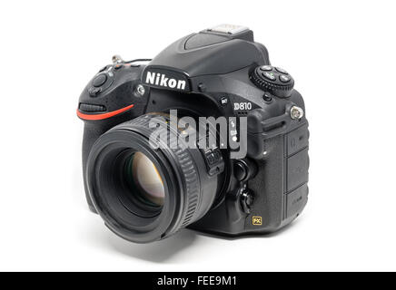 Ostfildern, Germany - January 24, 2016: A Nikon D810 camera body with Nikkor 50mm 1:1,4 lens, the first digital SLR camera in Ni Stock Photo