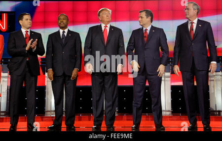 LAS VEGAS, NV - DECEMBER 15: Republican presidential candidates (L-R) Marco Rubio, Ben Carson, Donald Trump, Sen. Ted Cruz, Jeb Bush Stock Photo