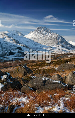 Tryfan mountain in snow winter Snowdonia National Park Gwynedd North Wales UK Stock Photo