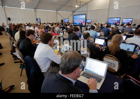 REAGAN PRESIDENTIAL LIBRARY, SIMI VALLEY, LA, CA - SEPTEMBER 16, 2015, Media filing room during the Republican presidential debate at the Ronald Reagan Presidential Library in Simi Valley, California, U.S. Stock Photo