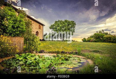 Amazing sunset in Tuscany with small pond in the foreground Stock Photo
