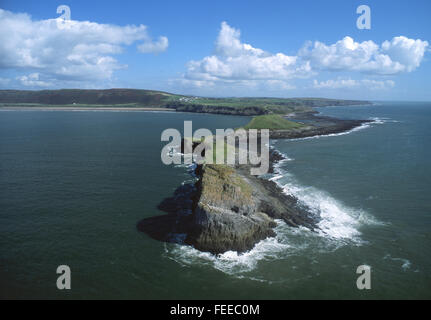 Worm's Head and Rhossili Bay beach aerial view Gower Peninsula Swansea County South Wales UK Stock Photo