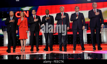 LAS VEGAS, NV - DECEMBER 15: Republican presidential candidates (L-R) John Kasich, Carly Fiorina, Sen. Marco Rubio, Ben Carson, Donald Trump, Sen. Ted Cruz, Jeb Bush