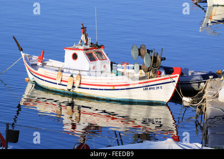 Colourfull fishing boats in the harbour at  Molyvos on the island of  ,Lesbos Greece Stock Photo