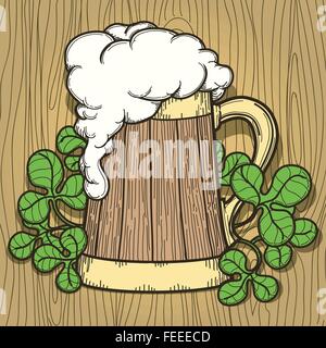 Beer Mug full of beer with a lot of foam. Hand drawn retro style. Stock Vector