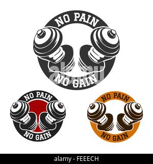 Hands with dumbbells and Gym Motto No pain no gain. Fitness or athletic emblem set. Stock Vector