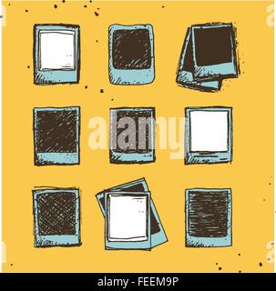 Set of 9 hand drawn sketchy polaroid doodles in vintage color palette, template for a set of photos Stock Vector