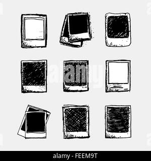 Set of 9 hand drawn sketchy polaroid doodles in black and white,  template for a set of photos Stock Vector