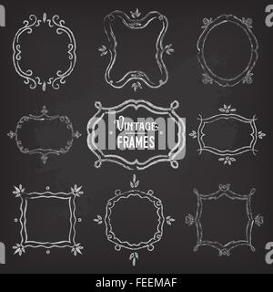 Set of 9 cute vintage chalk frames of different orientations and formats on chalkboard for your designs Stock Vector