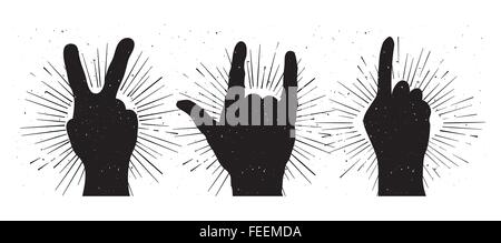 Peace sign, love sign and rock sign with shading