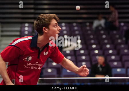 Greensboro, North Carolina, US. 5th Feb, 2016. Feb. 5, 2016 - Greensboro, N.C., USA - MICHAEL LANDERS serves to Kunal Chordi in second day action at the 2016 U.S. Olympic Table Tennis Trials. Landers defeated Chordi to advance. The top three men and women from the trials move on to compete in April at the 2016 North America Olympic Qualification tournament in Ontario, Canada. The 2016 Summer Olympics will be held in Rio De Janeiro, Brazil, Aug. 5-21. © Timothy L. Hale/ZUMA Wire/Alamy Live News Stock Photo