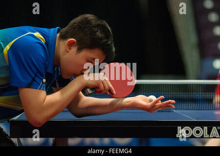 Greensboro, North Carolina, US. 5th Feb, 2016. Feb. 5, 2016 - Greensboro, N.C., USA - JACK WANG serves to Michael Landers in the men's quarter finals on the second day of the 2016 U.S. Olympic Table Tennis Trials. The top three men and women from the trials move on to compete in April at the 2016 North America Olympic Qualification tournament in Ontario, Canada. The 2016 Summer Olympics will be held in Rio De Janeiro, Brazil, Aug. 5-21. © Timothy L. Hale/ZUMA Wire/Alamy Live News Stock Photo