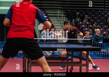 Greensboro, North Carolina, US. 5th Feb, 2016. Feb. 5, 2016 - Greensboro, N.C., USA - ADAM HUGH, right, and ALLEN WANG in second day action at the 2016 U.S. Olympic Table Tennis Trials. The top three men and women from the trials move on to compete in April at the 2016 North America Olympic Qualification tournament in Ontario, Canada. The 2016 Summer Olympics will be held in Rio De Janeiro, Brazil, Aug. 5-21. © Timothy L. Hale/ZUMA Wire/Alamy Live News Stock Photo