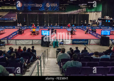 Greensboro, North Carolina, US. 5th Feb, 2016. Feb. 5, 2016 - Greensboro, N.C., USA - The men's semi-final action underway at the 2016 U.S. Olympic Table Tennis Trials. The top three men and women from the trials move on to compete in April at the 2016 North America Olympic Qualification tournament in Ontario, Canada. The 2016 Summer Olympics will be held in Rio De Janeiro, Brazil, Aug. 5-21. © Timothy L. Hale/ZUMA Wire/Alamy Live News Stock Photo
