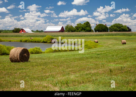 Leonardtown, Maryland, USA. Farm, with Hay Bale in Pasture, Pond, Barns ...