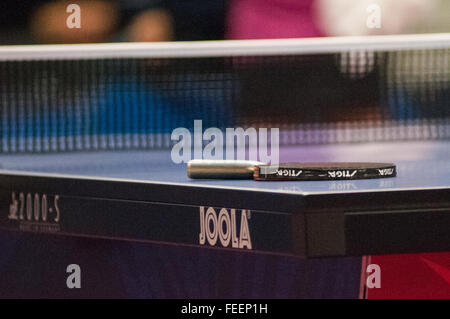 Greensboro, North Carolina, US. 5th Feb, 2016. Feb. 5, 2016 - Greensboro, N.C., USA - A paddle on a table during the women's final on day two of the 2016 U.S. Olympic Table Tennis Trials. The top three men and women from the trials move on to compete in April at the 2016 North America Olympic Qualification tournament in Ontario, Canada. The 2016 Summer Olympics will be held in Rio De Janeiro, Brazil, Aug. 5-21. © Timothy L. Hale/ZUMA Wire/Alamy Live News Stock Photo