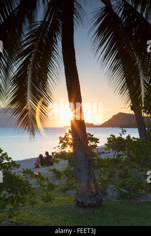 Matira Beach at sunset, Bora Bora, Society Islands, French Polynesia Stock Photo