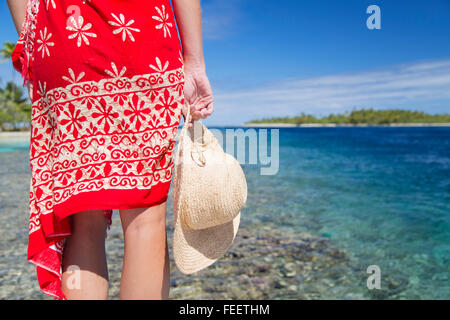 Woman on jetty, Tetamanu, Fakarava, Tuamotu Islands, French Polynesia Stock Photo
