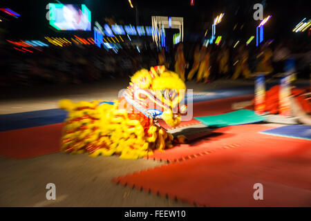 Nha Trang, Vietnam - February 02, 2016: Acrobats perform lion dance show during  dance competitions commemorated to the Chinese Stock Photo