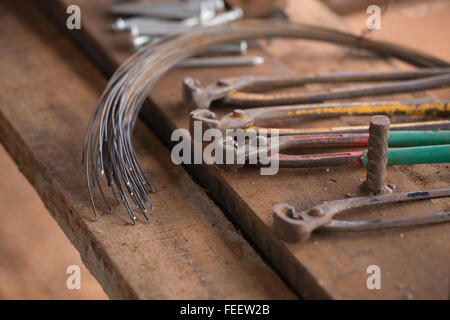 Old nippers or pincers with metal wire at construction site Stock Photo