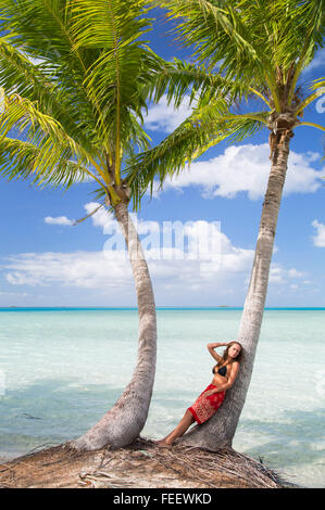 Woman at Blue Lagoon, Fakarava, Tuamotu Islands, French Polynesia Stock Photo