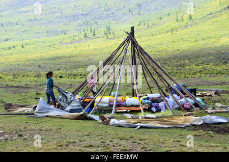 Duhkha (same as Tsaatan) people putting down their tent Stock Photo