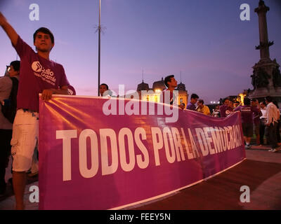 Lima, Peru. 5th February, 2016. Peru; Julio Guzman, presidential candidate, with a good chance to be next president of peru, leads a march through the downtown of Lima, to the National Elections Jury, in protest to the imminent cancellation of his candidature due to a legal technicality Credit:  Carlos García Granthon/Alamy Live News Stock Photo