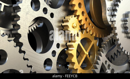 Clockwork mechanism or a machine inside. Closeup gears and cogs. 3d illustration Stock Photo