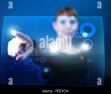 Woman scientist touching virtual futuristic virtual screen with abstract information. Stock Photo