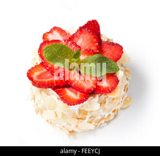 Strawberry cheesecake with almonds and fresh berries isolated on white background. Stock Photo