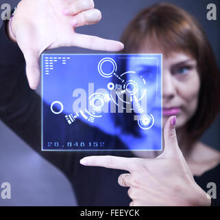 businesswoman touching virtual screen with abstract information Stock Photo