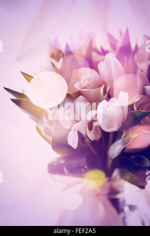 Pink Abstract Picture of Bouquet with White Roses and Tulips. Selective Focus, Shallow Depth of Field. Image Tinted. Stock Photo