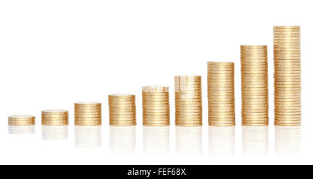 Stacks of golden coins in growing chart, isolated on the white background, clipping path included.