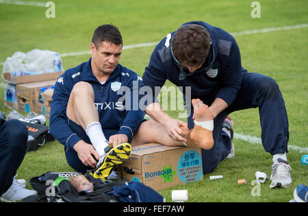 Feb. 5, 2016 - Hong Kong, Hong Kong S.A.R, China - DAN CARTER of the French Rugby union team RACING  92's gets strapped for the last practice session ahead of their clash with New Zealand team, The Highlanders. Racing 92 take the chance to practise on the pitch they will play on in the upcoming match in Hong Kong. They are playing at Sui Sai Wan sports ground in Chai Wan. (Credit Image: © Jayne Russell via ZUMA Wire) Stock Photo