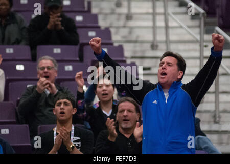 Feb. 5, 2016 - Greensboro, North Carolina, US - Feb. 5, 2016 - Greensboro, N.C., USA - EYAL ALGUETTI, the coach and father of Sharon Alguetti, reacts during the men's final on day two of the 2016 U.S. Olympic Table Tennis Trials. The top three men and women from the trials move on to compete in April at the 2016 North America Olympic Qualification tournament in Ontario, Canada. The 2016 Summer Olympics will be held in Rio De Janeiro, Brazil, Aug. 5-21. (Credit Image: © Timothy L. Hale via ZUMA Wire) Stock Photo