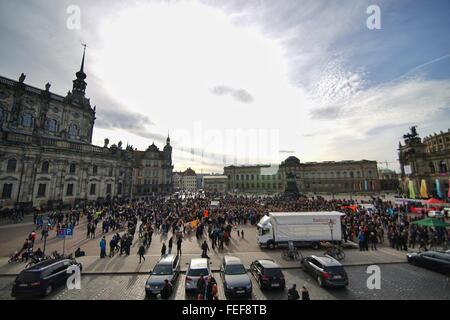 Dresden, Germany, 6th Febuary, 2016. Various factions of the antifascist movement rally at Dresden’s Theatre Square under the banner of 'solidarity instead of exclusion'. The Demonstration is against the Europe-wide Pegida-rally 'Fortress Europe'.  Credit:  Leon Breiter/Alamy Live News Stock Photo