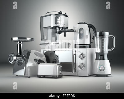 Kitchen appliances. Blender, toaster, coffee machine, meat ginder, microwave oven and kettle. 3d Stock Photo