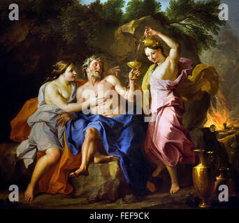 Lot and his Daughters (or Drunkenness Lot) by Noel Coypel 1628 1707 France French ( Elegant baroque composition. Harmony patches of bright color clothes red white blue pink and yellow. At bottom right, Sodom in flames ) Stock Photo